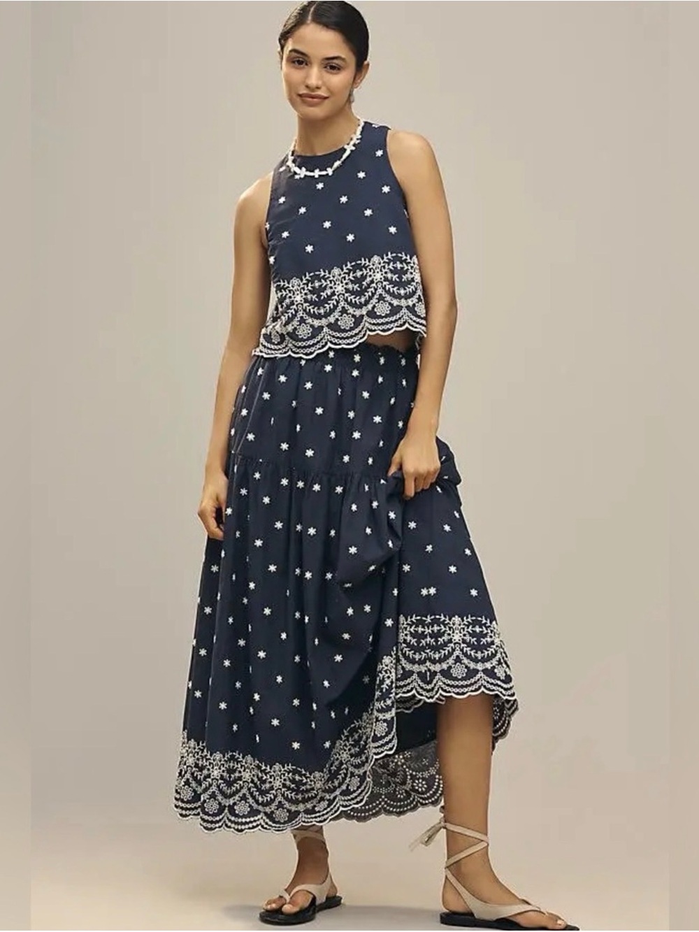 New En Saison Nara 100% cotton scalloped edge Embroidered Tiered Maxi Skirt L - Picture 3 of 4